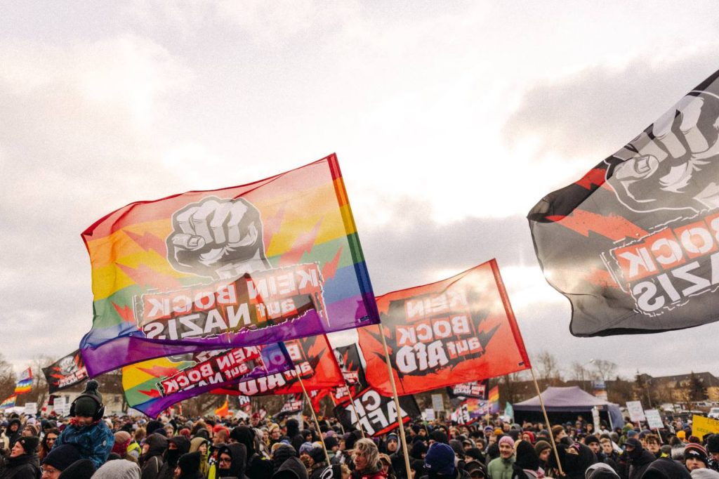 Diverse Fahnen die über den Köpfen einer Demonstration wehen. "Peace" und "Kein Bock auf Nazis" ist zu lesen. Im Hintergrund Häuser und grauer wolkiger Himmel