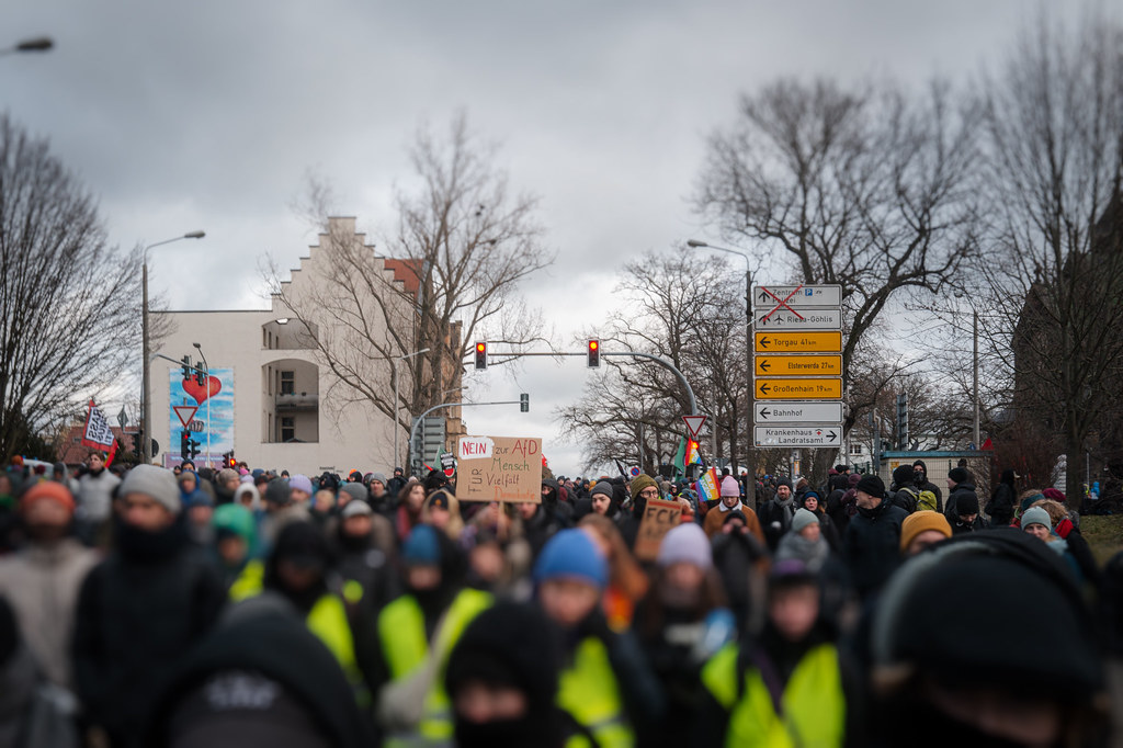Ein Demozug läuft eine Straße entlang. Im Hintergrund sind Straßenschilder, eine Ampel und ein paar Häuser zu erkennen. In mitten der Demo gut lesbar ein Schild mit der Aufschrifft "Nein zur AfD. Für Mensch, Vielfalt, Demokratie"