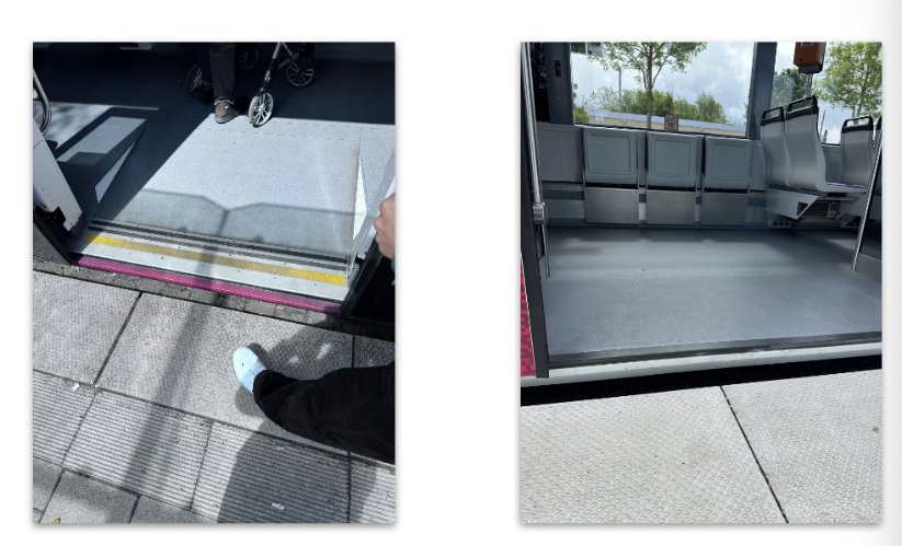 Zwei Bilder der geöffneten Türen und Spalten zwischen Bahn und Bordstein, der Bahnlinie 2 in Erfurt.