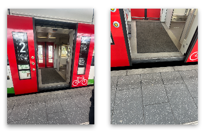 Zwei Bilder der geöffneten Türen und Spalten zwischen Bahn und Bordstein, der Erfurter Bahn.
